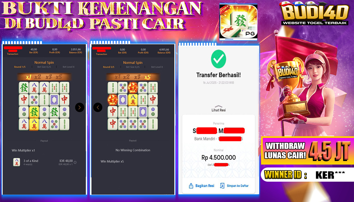 BUDI4D JACKPOT USERID: KER**** SLOT PGSOFT MAHJONG WAYS Rp.4.500.000,- LUNAS